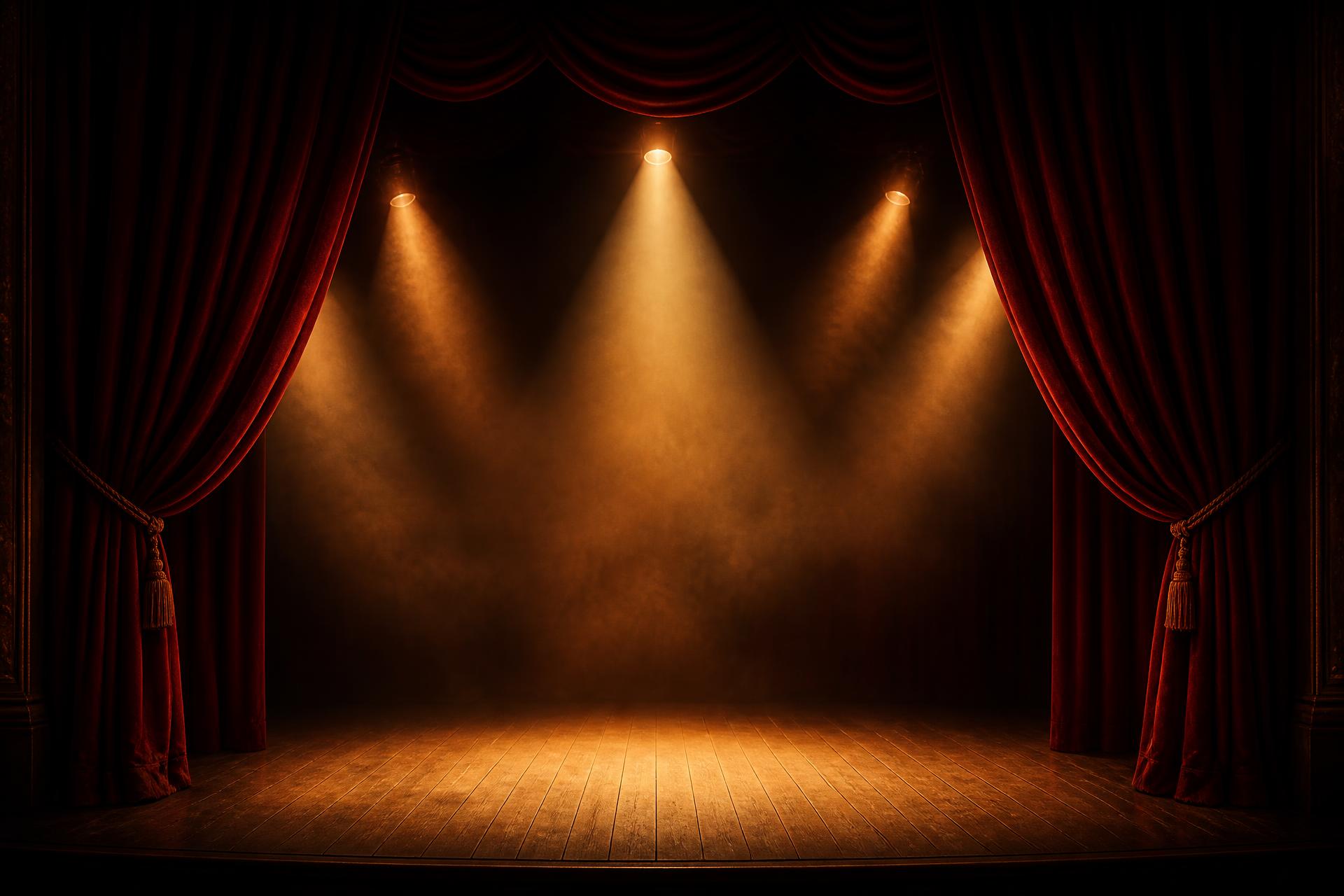 Panggung teater dengan tirai merah dan sorot lampu